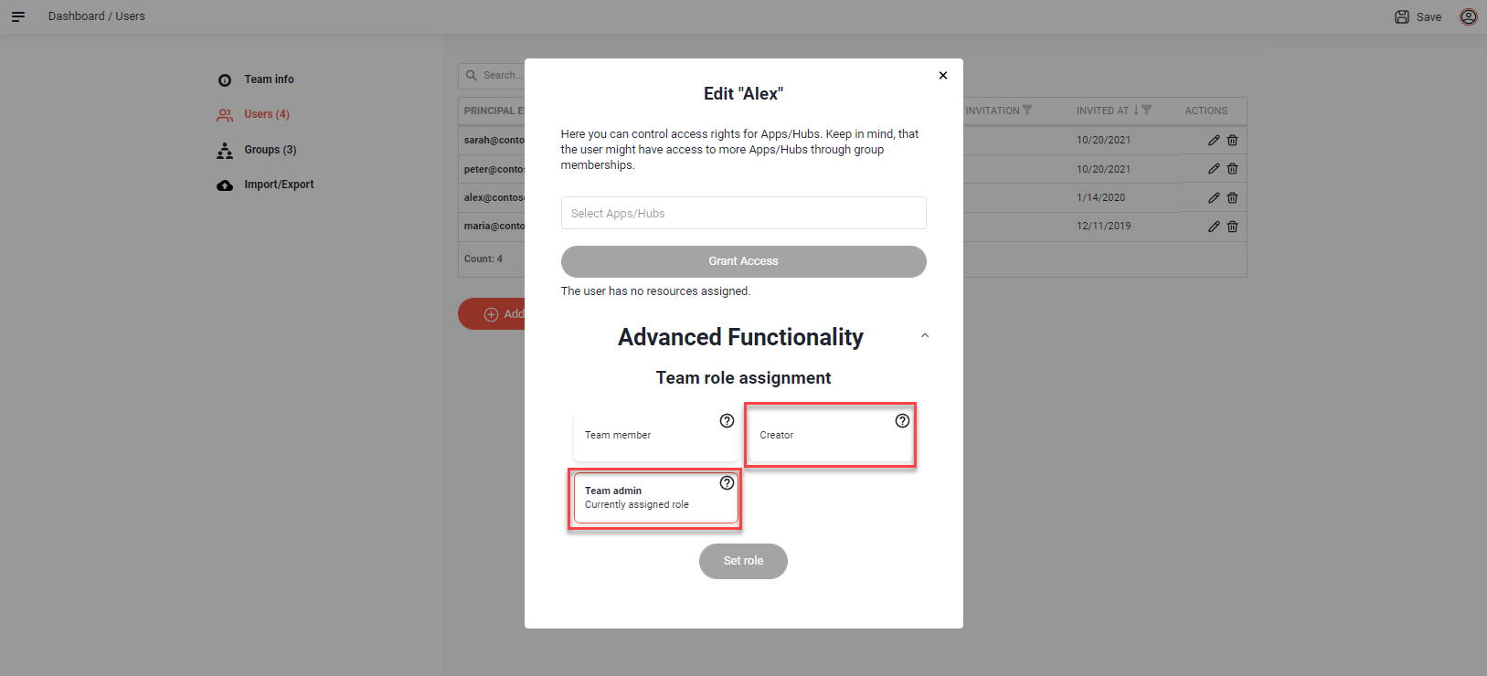 Edit user dialog on the Users page with the Creator and Team admin roles highlighted under Team role assignment