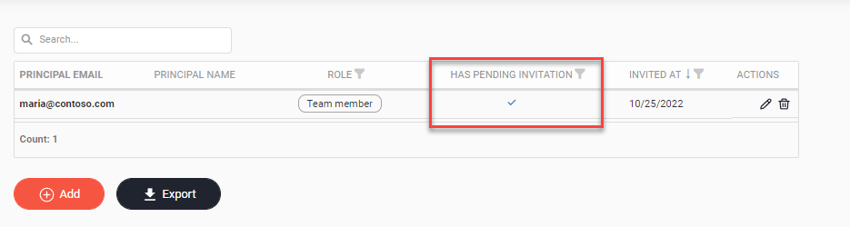 Users table with the Has pending invitation column highlighted, showing a check mark for the invited user
