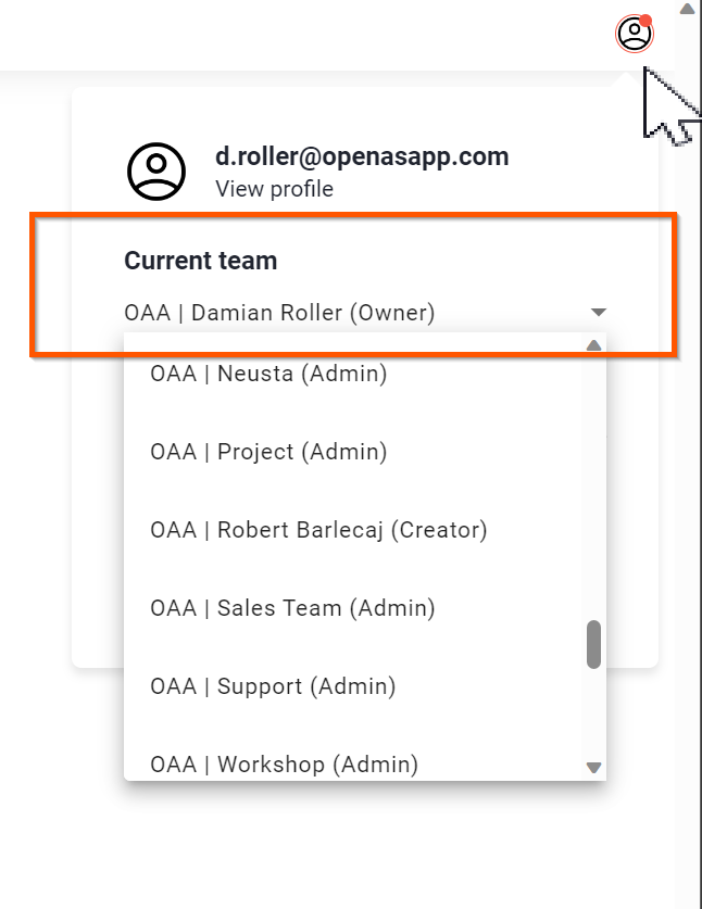 Account menu in the portal with the Current team dropdown highlighted, listing teams with Admin and Creator roles